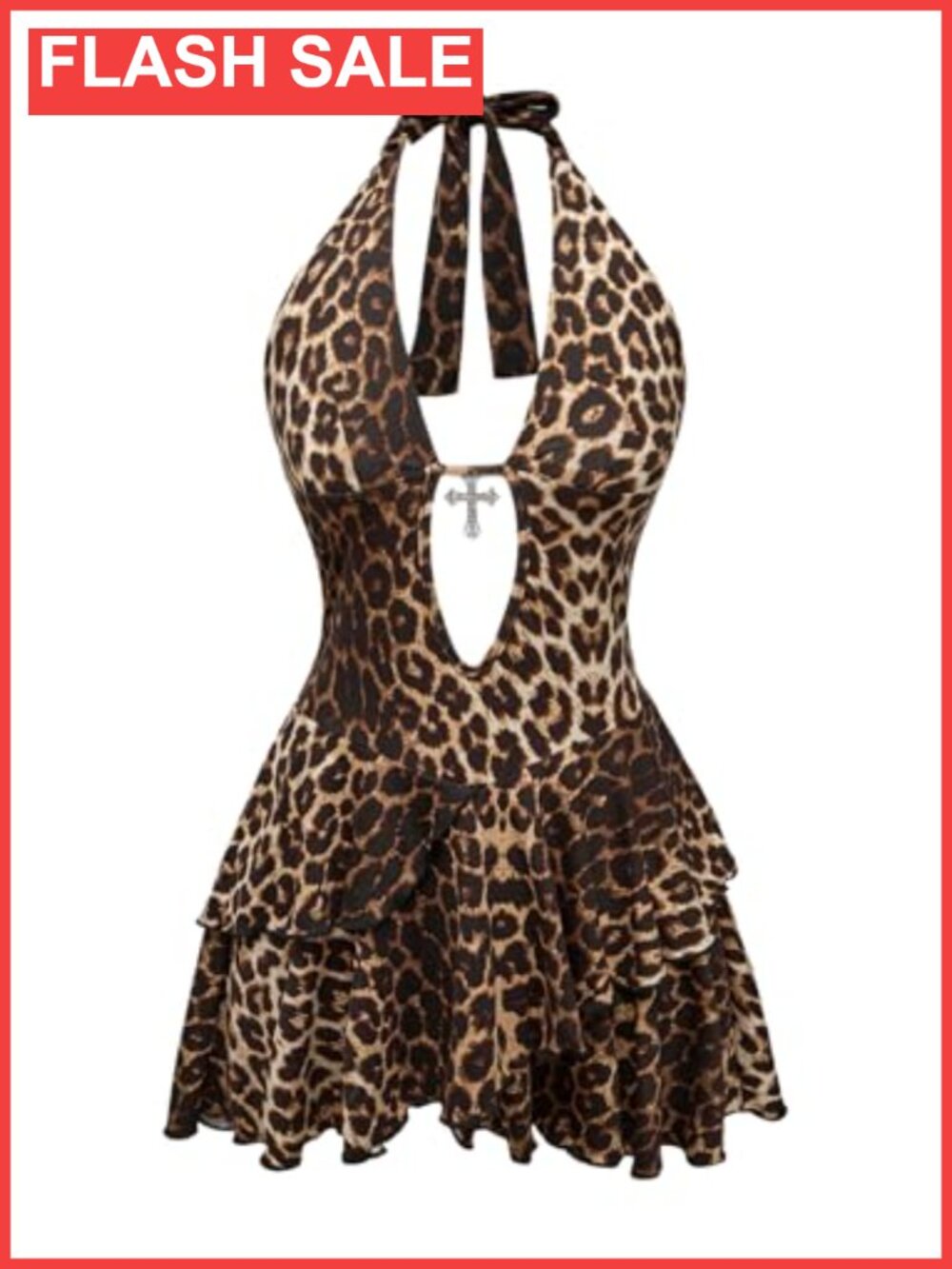 Women's Cheetah Print Backless Halter Mini Dress A-Line High Waist
